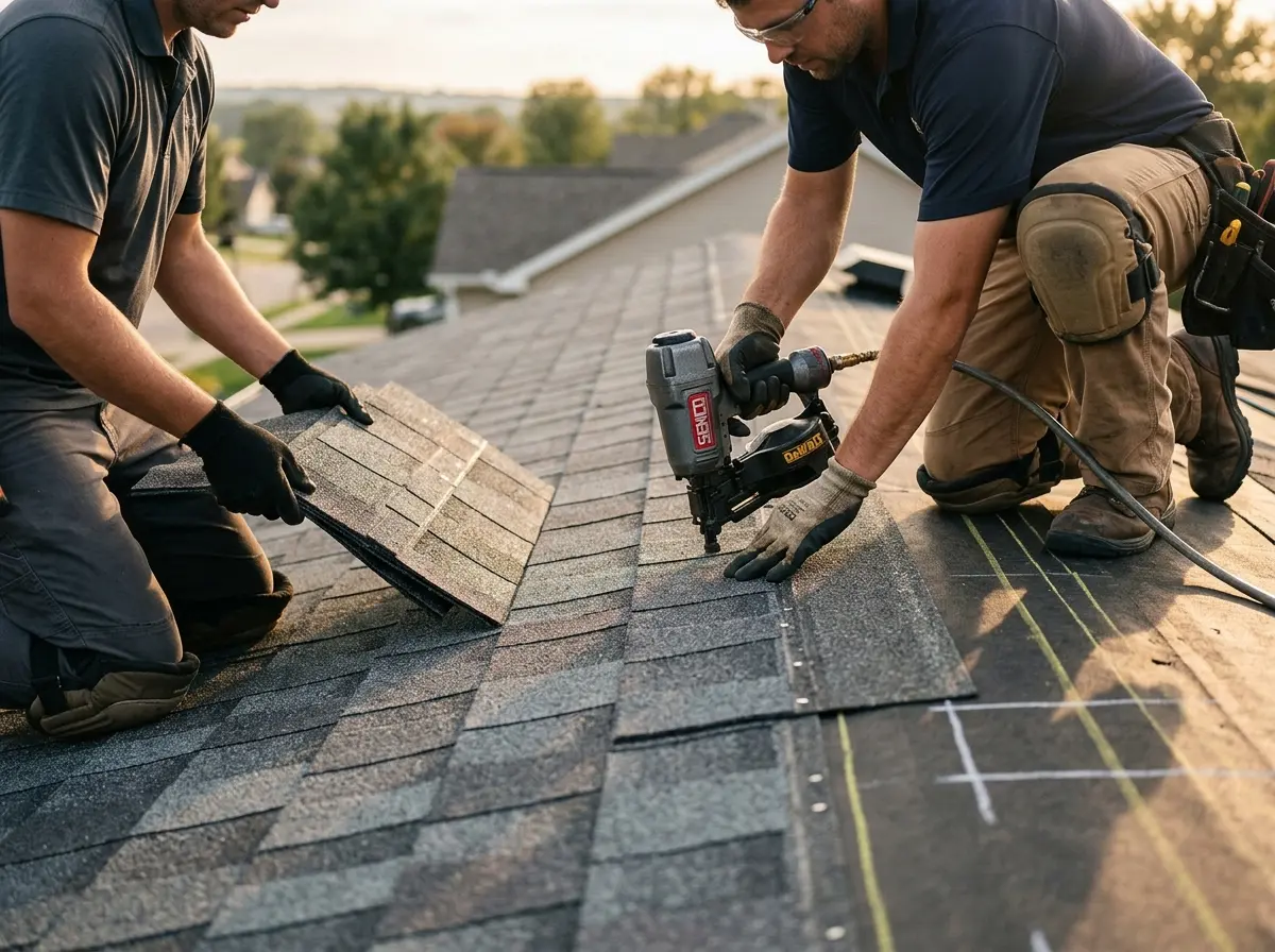 Professional roofer working on a residential roof in Kerman